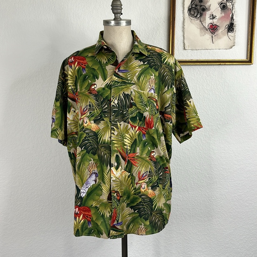 VTG Hawiian Tropical Bird of Paradise Jungle Forest Print Shirt